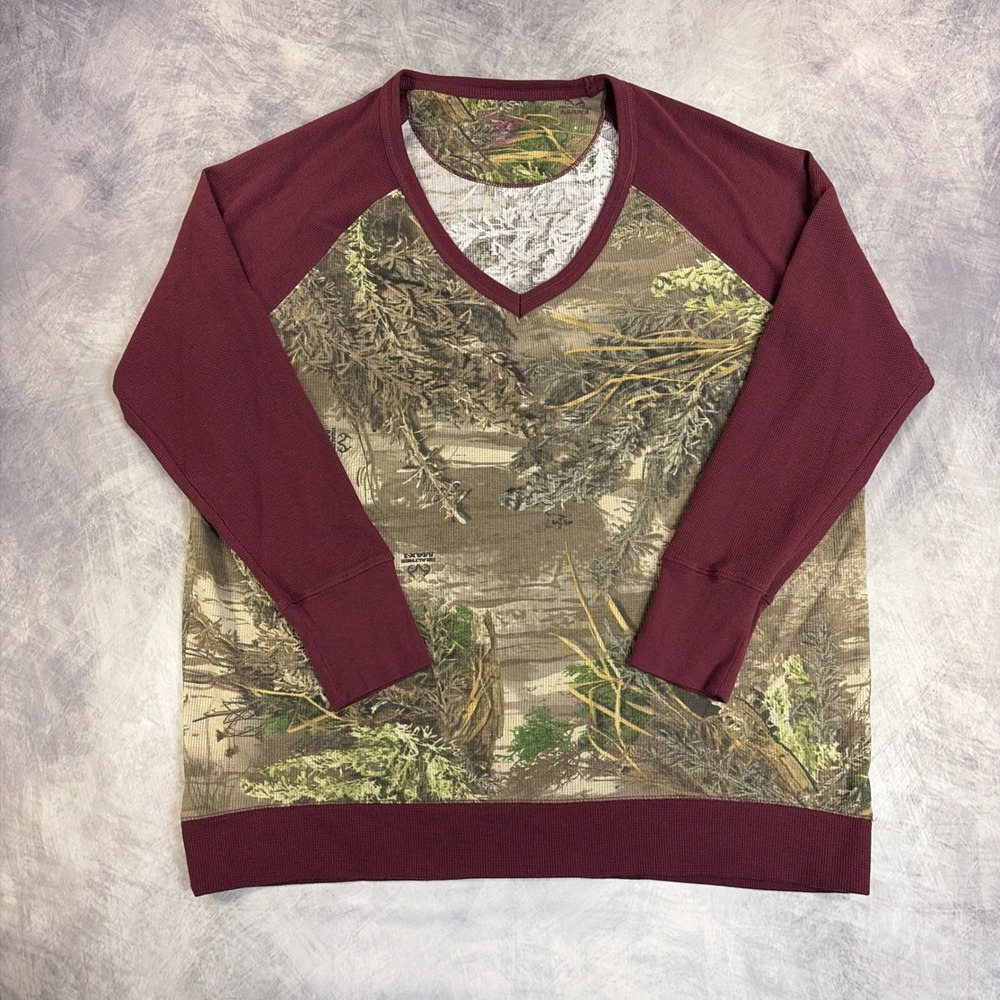 Northcrest Thermal Top Womens 2X Burgundy Realtree Max-1 Camo V-Neck Waffle Knit